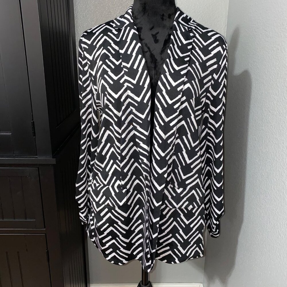 Notations Blazer Womens‎ Medium Black White Office Open Front Monochrome Artsy